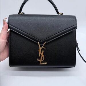 Saint Laurent Black Leather Satchel with Gold YSL Emblem